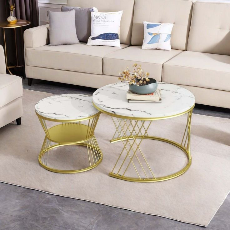 Home nicbex modern round nesting coffee table with marble top and iron frame for living room, white
